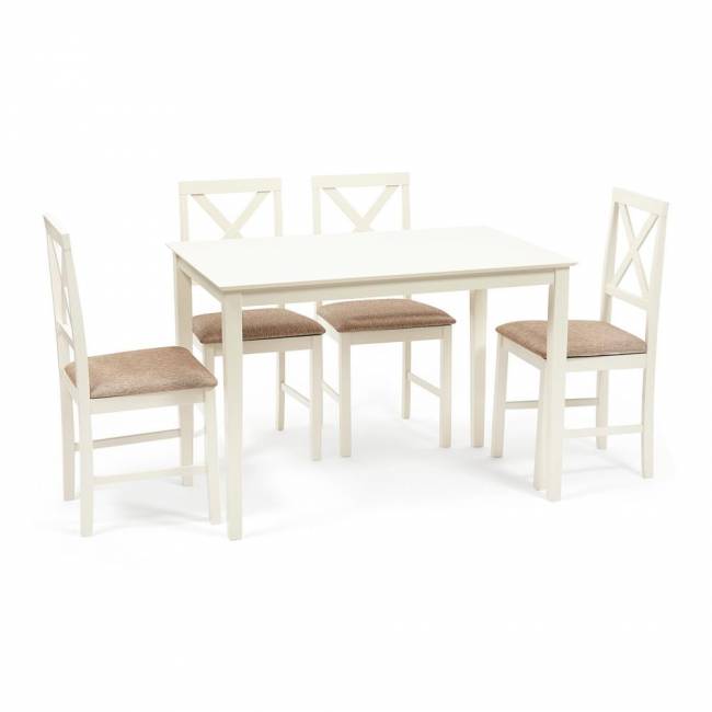 Обеденный комплект Хадсон (стол + 4 стула)/ Hudson Dining Set дерево гевея/мдф, стол: 110х70х75см / стул: 44х42х89см, ivory white (слоновая кость), ткань кор.-зол