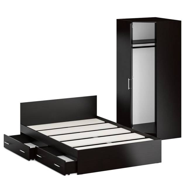 Двуспальная кровать с ящиками 1400 со шкафом для одежды 2-х створчатым Стандарт цвет венге Двуспальная кровать с ящиками 1400 со шкафом для одежды 2-х створчатым Стандарт цвет венге