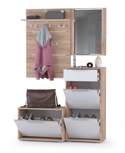 Высокая обувница и обувница с зеркалом и вешалкой для одежды Куба цвет дуб сонома/белый премиум Высокая обувница и обувница с зеркалом и вешалкой для одежды Куба цвет дуб сонома/белый премиум