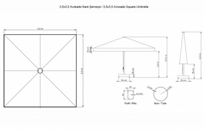Зонт профессиональный 3.5х3.5 м Avocado серебристый, серый 3500х3500 мм