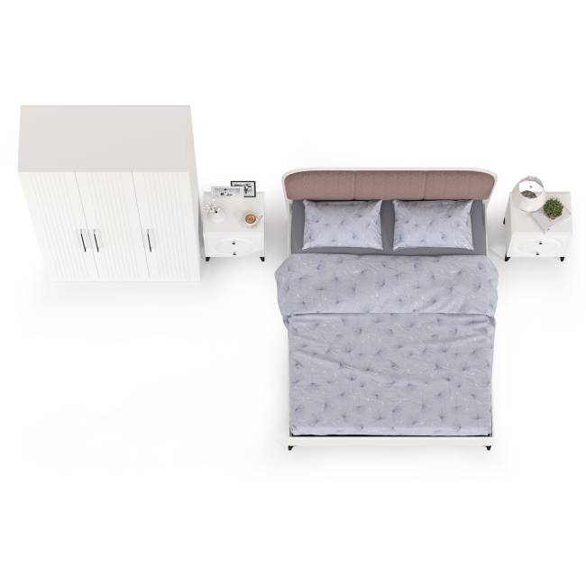 3-х дверный шкаф с кроватью с мягкой спинкой Валенсия 1600 и двумя тумбочками цвет белый шагрень/ткань велутто 19
