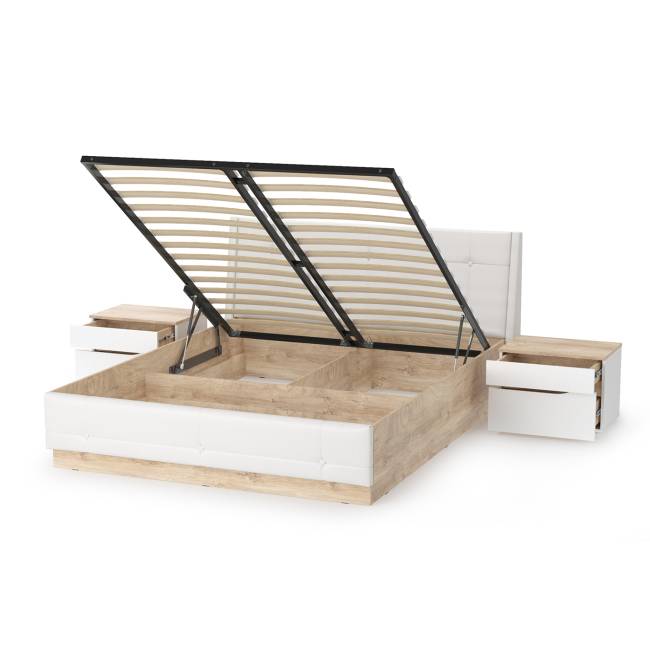 Кровать с подъёмным основанием и двумя прикроватными тумбами Муссон цвет белый/дуб эндгрейн элегантный/кожзам белый