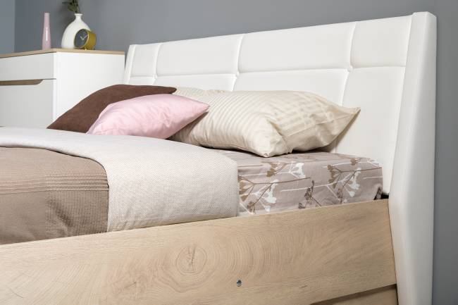 Кровать Муссон с подъёмным основанием и тумбой 16.03 цвет белый/дуб эндгрейн элегантный/кожзам белый