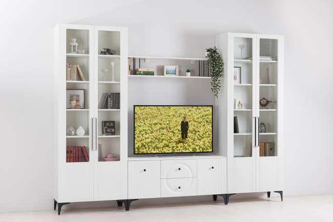 Два широких серванта и ТВ-тумба Валенсия цвет белый шагрень