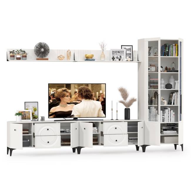 Две навесных полки с ТВ-тумбами и сервантом Валенсия цвет белый шагрень