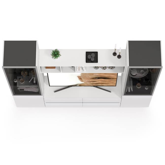 Стенка для гостиной со стеклянными фасадами Сидней цвет белый/чёрный/фасады МДФ белый глянец