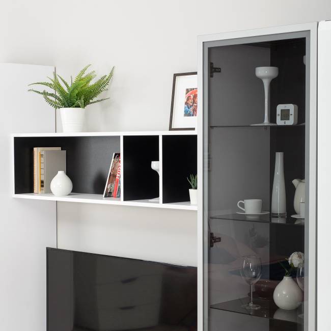 Стенка для гостиной со стеклянными фасадами Сидней цвет белый/чёрный/фасады МДФ белый глянец